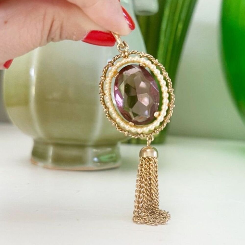 Vintage 1980s Avon Pendant Oval amethyst Glass Seed Pearl with Tassel